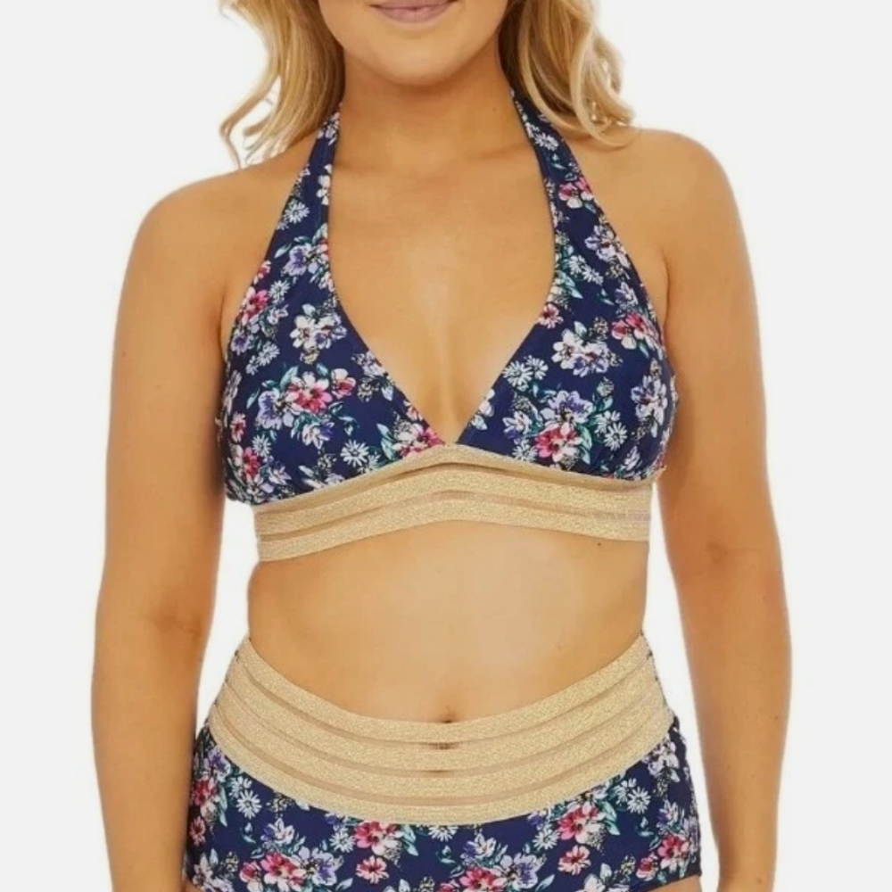 NICOLE MILLER Swim Gold Trim Floral Halter Bikini Top NWT Sz S